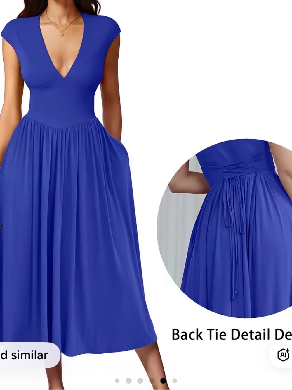 Blue V-Neck Midi Dress with Back Tie